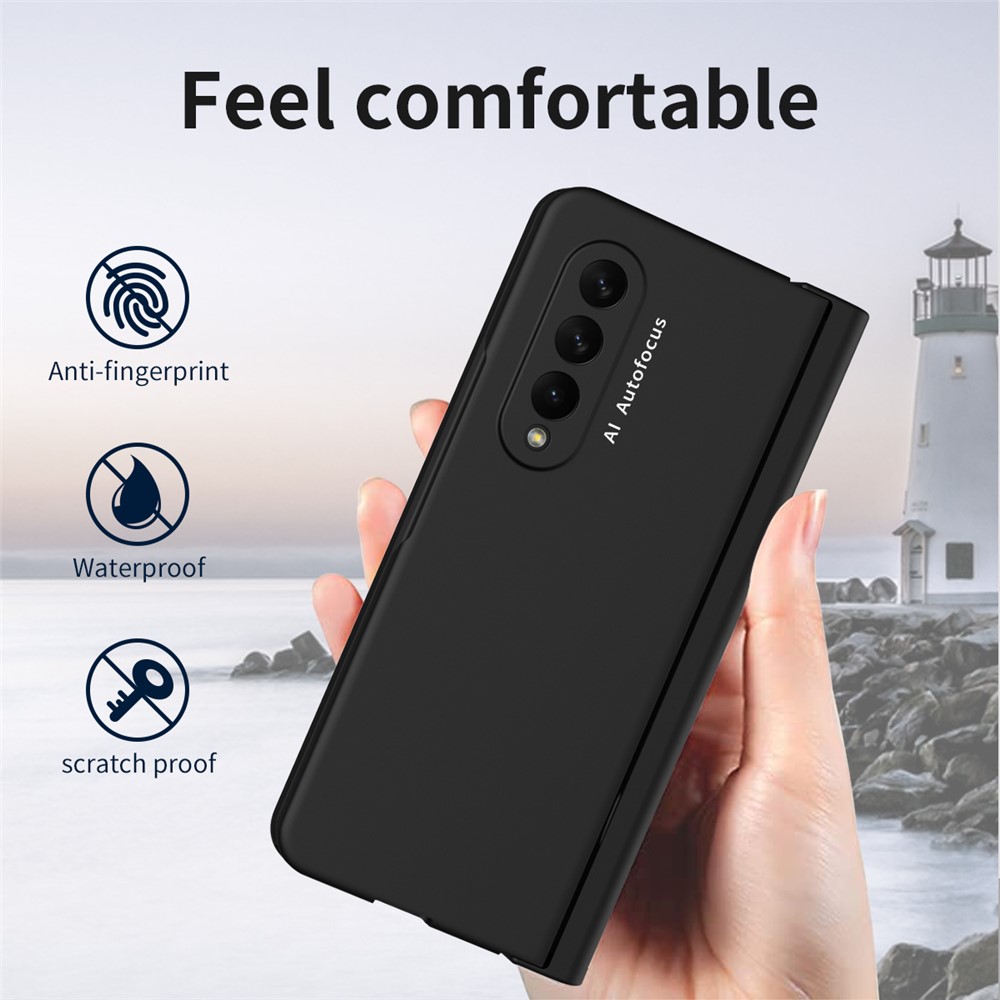 PU Leather Coated PC Hinged Cover Folio Flip Full Protection Phone Case with Pen Holder and Tempered Glass Screen Protector for Samsung Galaxy Z Fold3 5G - Black-4