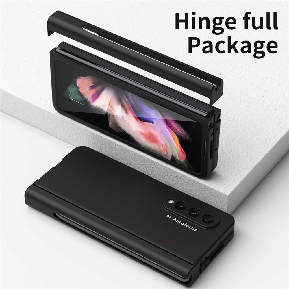 PU Leather Coated PC Hinged Cover Folio Flip Full Protection Phone Case with Pen Holder and Tempered Glass Screen Protector for Samsung Galaxy Z Fold3 5G - Black-6