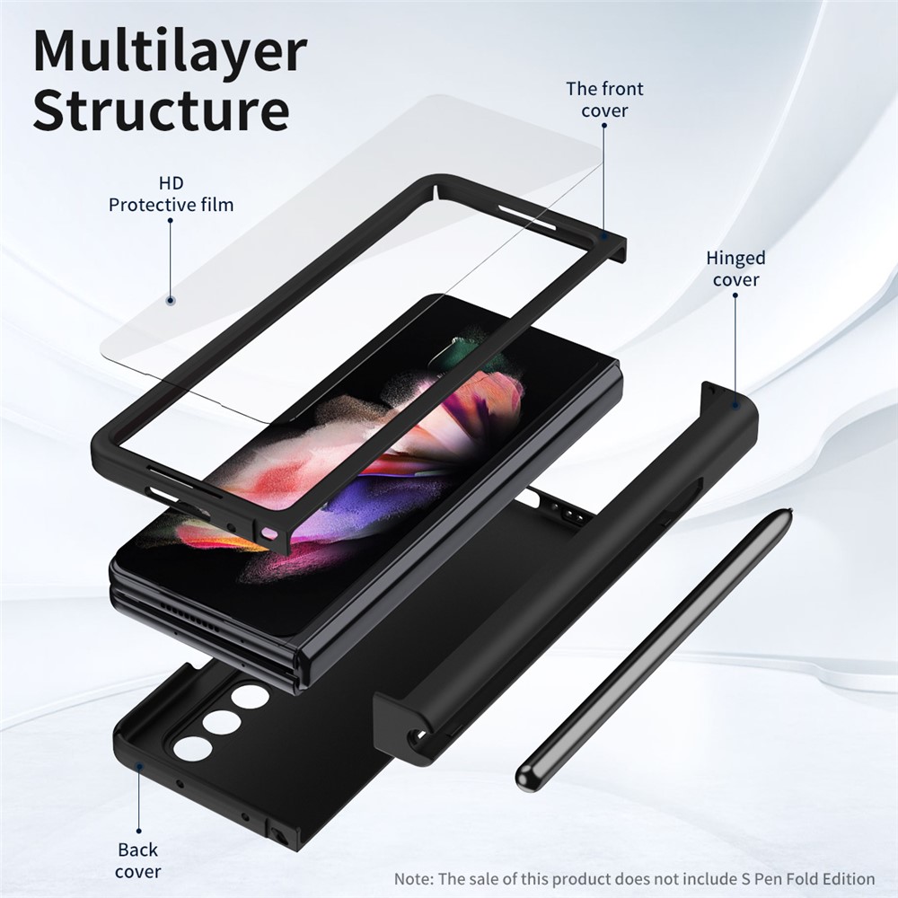 PU Leather Coated PC Hinged Cover Folio Flip Full Protection Phone Case with Pen Holder and Tempered Glass Screen Protector for Samsung Galaxy Z Fold3 5G - Black-7