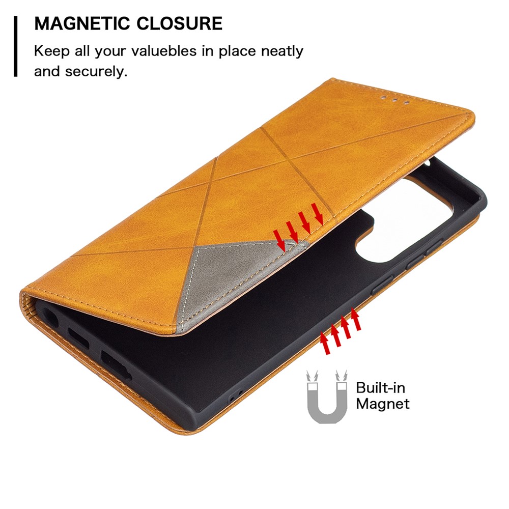 All-round Protection Rhombus-like Imprinted Magnetic Closure Card Slots Design Leather Phone Case with Stand for Samsung Galaxy S22 Ultra - Brown-4