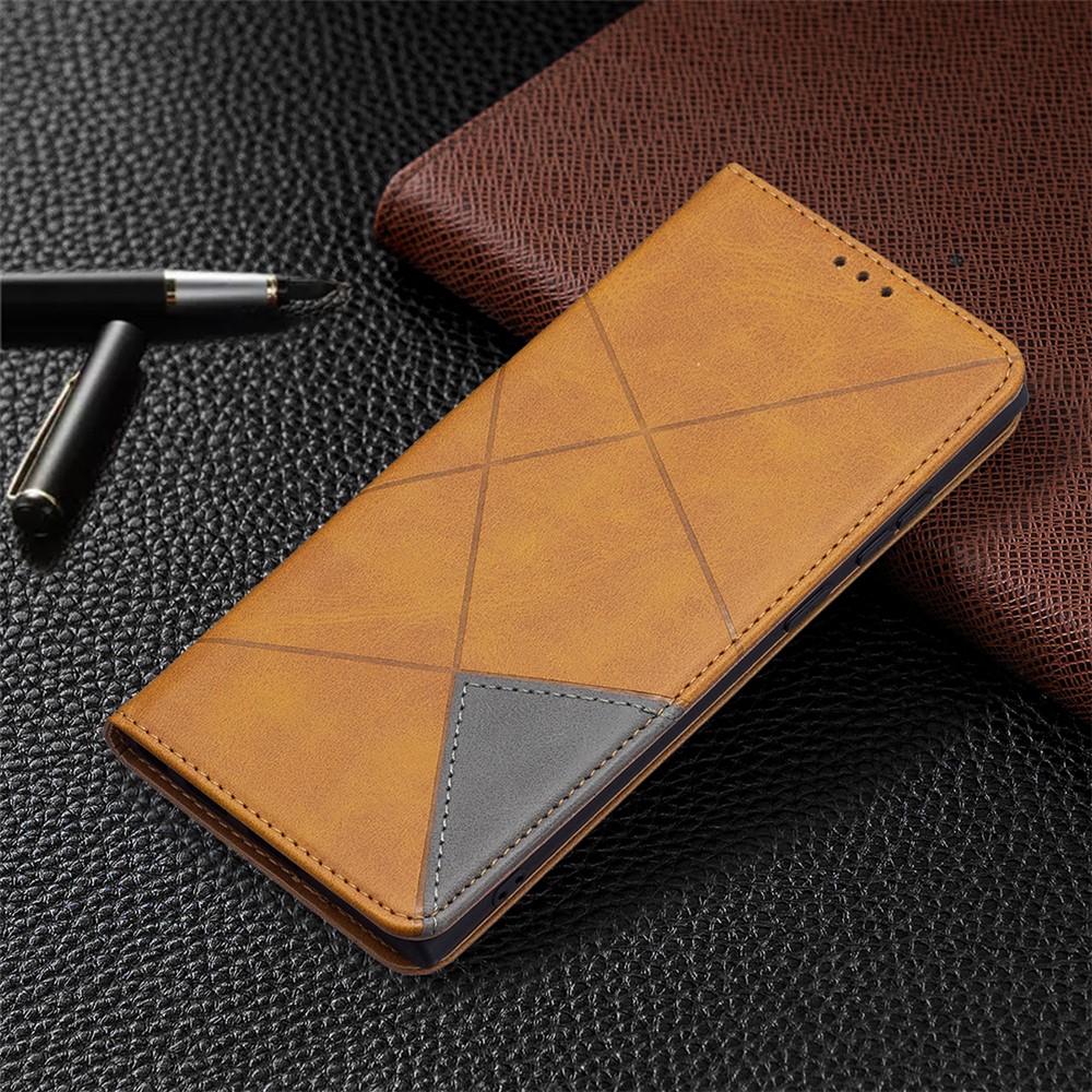 All-round Protection Rhombus-like Imprinted Magnetic Closure Card Slots Design Leather Phone Case with Stand for Samsung Galaxy S22 Ultra - Brown-7
