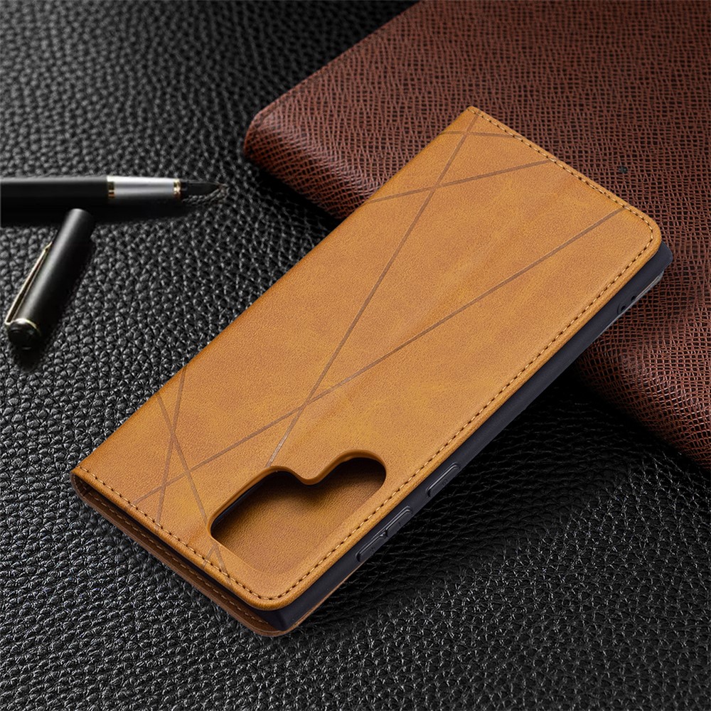 All-round Protection Rhombus-like Imprinted Magnetic Closure Card Slots Design Leather Phone Case with Stand for Samsung Galaxy S22 Ultra - Brown-8