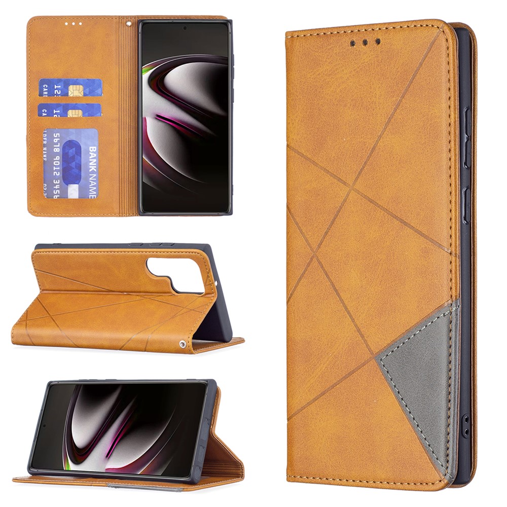 All-round Protection Rhombus-like Imprinted Magnetic Closure Card Slots Design Leather Phone Case with Stand for Samsung Galaxy S22 Ultra - Brown-9