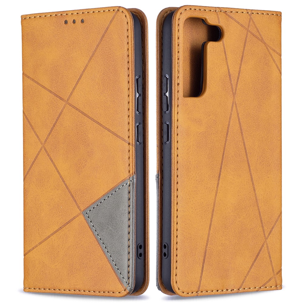 Rhombus-like Imprinting Auto-absorbed Magnetic Closing Anti-fall Card Slots Design Leather Stand Phone Case for Samsung Galaxy S22 Plus - Brown-1