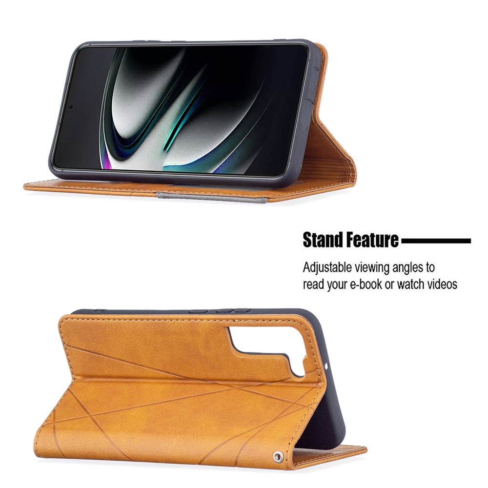 Rhombus-like Imprinting Auto-absorbed Magnetic Closing Anti-fall Card Slots Design Leather Stand Phone Case for Samsung Galaxy S22 Plus - Brown-2