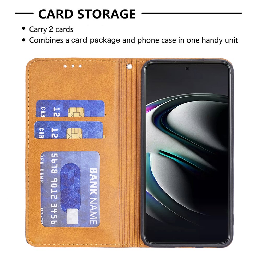 Rhombus-like Imprinting Auto-absorbed Magnetic Closing Anti-fall Card Slots Design Leather Stand Phone Case for Samsung Galaxy S22 Plus - Brown-3
