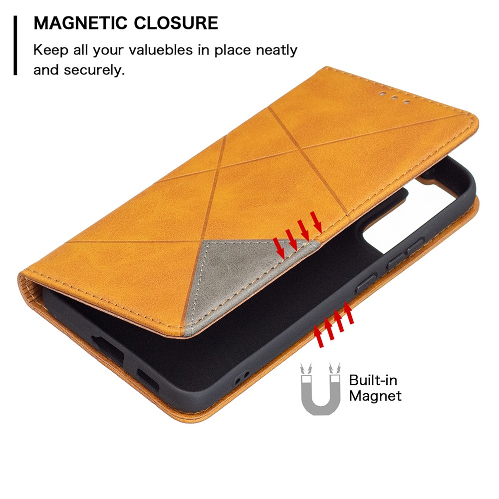 Rhombus-like Imprinting Auto-absorbed Magnetic Closing Anti-fall Card Slots Design Leather Stand Phone Case for Samsung Galaxy S22 Plus - Brown-4