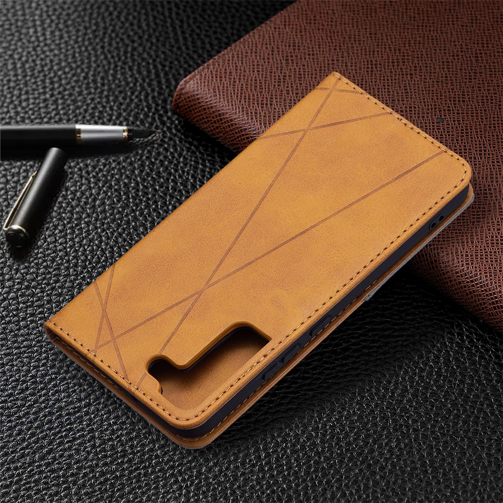 Rhombus-like Imprinting Auto-absorbed Magnetic Closing Anti-fall Card Slots Design Leather Stand Phone Case for Samsung Galaxy S22 Plus - Brown-8