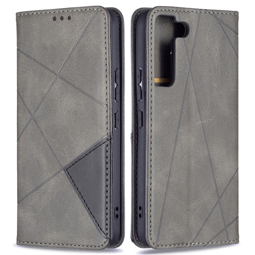 Rhombus-like Imprinting Magnetic Closure Shockproof Drop-proof Card Slots Design Leather Stand Phone Case Shell for Samsung Galaxy S22 - Grey-1