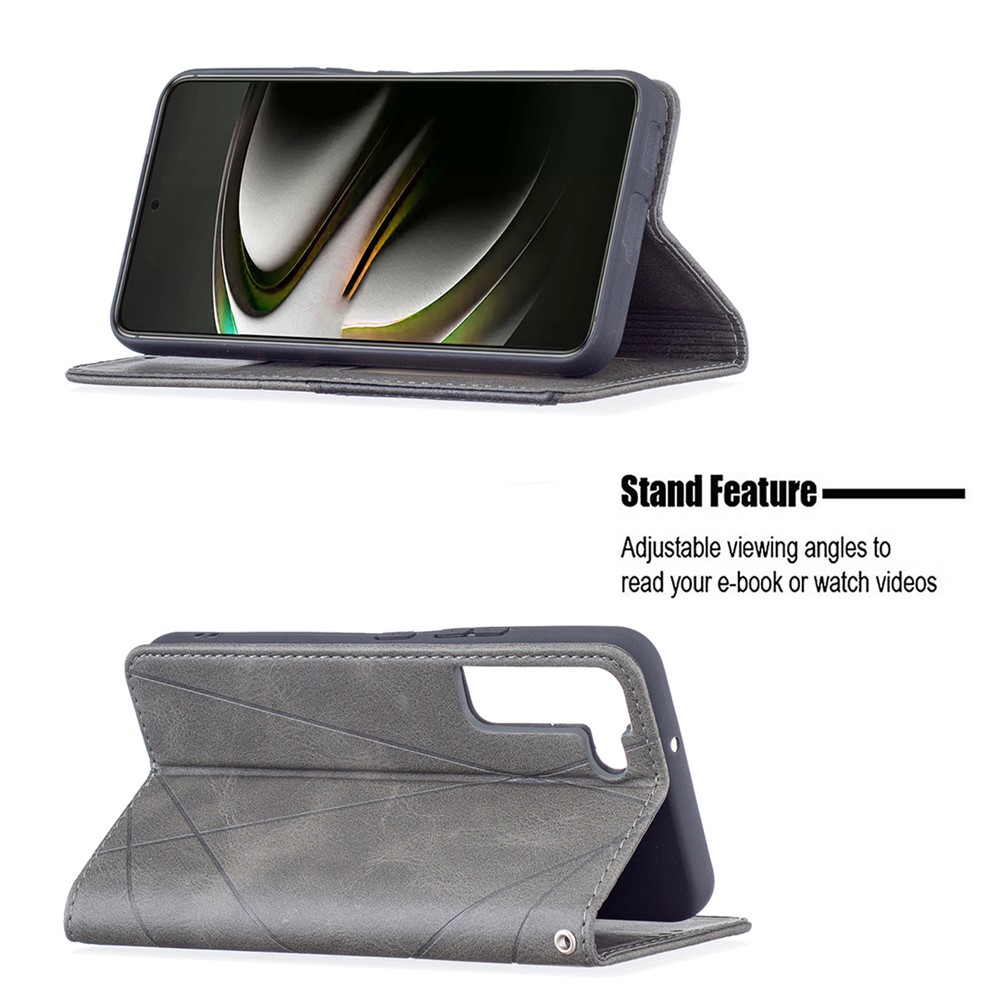 Rhombus-like Imprinting Magnetic Closure Shockproof Drop-proof Card Slots Design Leather Stand Phone Case Shell for Samsung Galaxy S22 - Grey-2