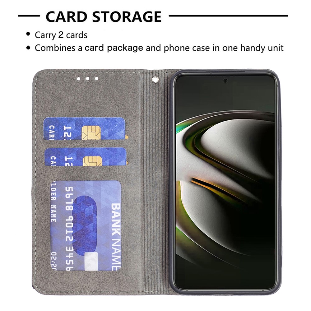 Rhombus-like Imprinting Magnetic Closure Shockproof Drop-proof Card Slots Design Leather Stand Phone Case Shell for Samsung Galaxy S22 - Grey-3