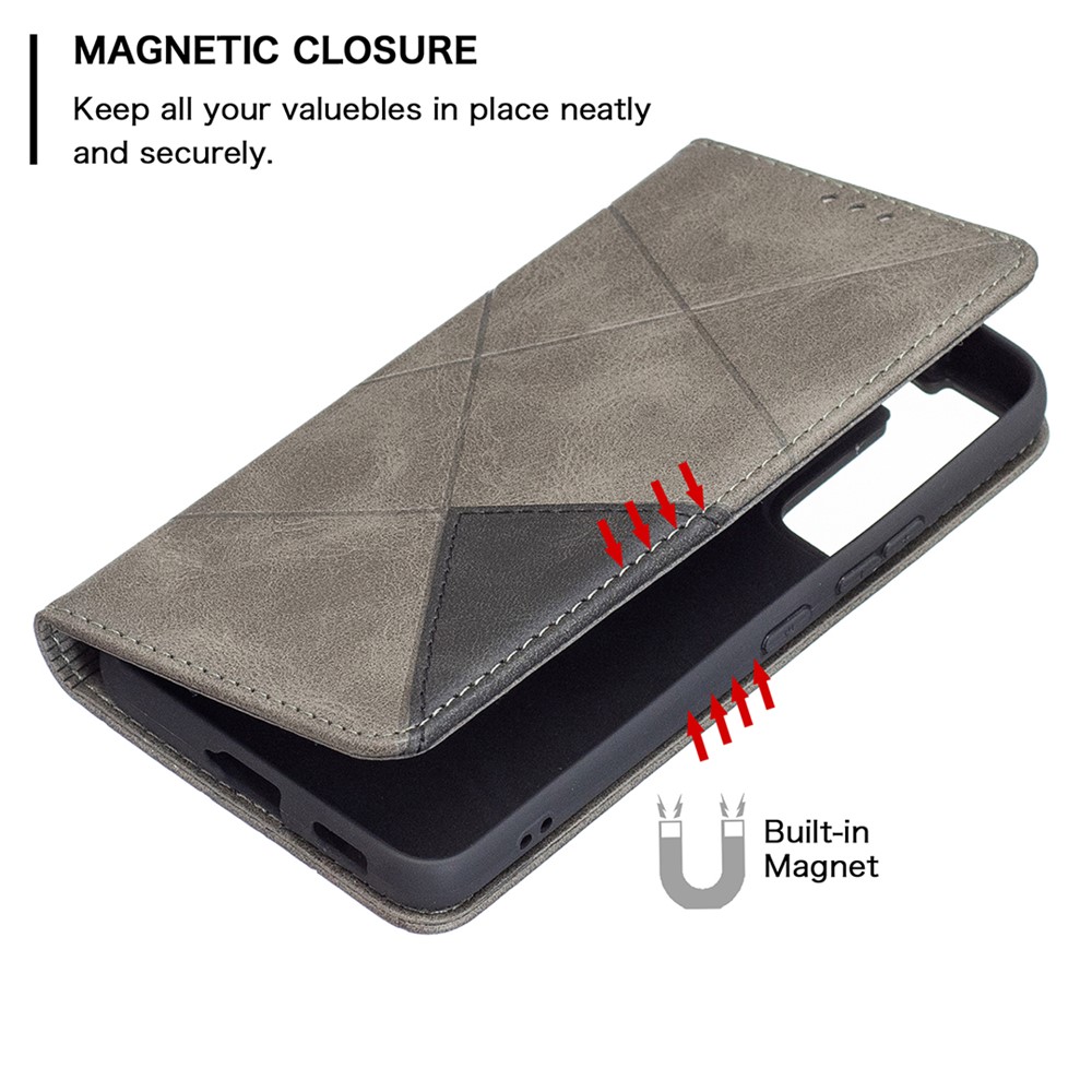 Rhombus-like Imprinting Magnetic Closure Shockproof Drop-proof Card Slots Design Leather Stand Phone Case Shell for Samsung Galaxy S22 - Grey-4