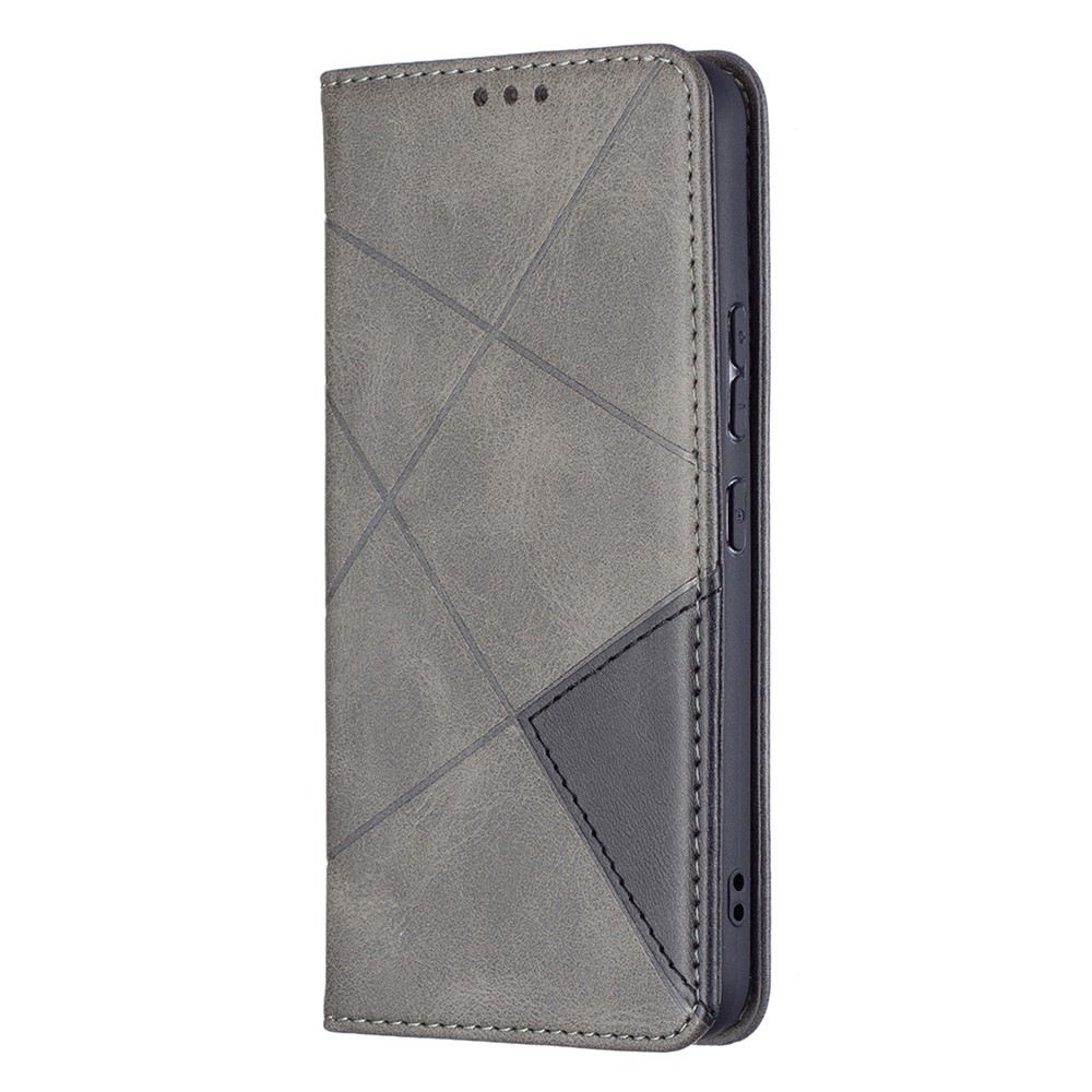 Rhombus-like Imprinting Magnetic Closure Shockproof Drop-proof Card Slots Design Leather Stand Phone Case Shell for Samsung Galaxy S22 - Grey-5