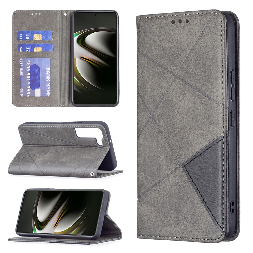 Rhombus-like Imprinting Magnetic Closure Shockproof Drop-proof Card Slots Design Leather Stand Phone Case Shell for Samsung Galaxy S22 - Grey-9