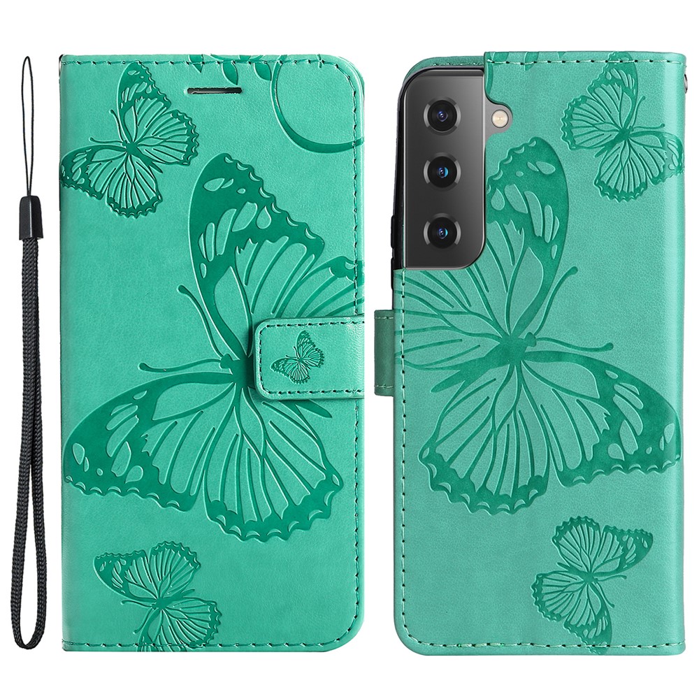 Imprinted Butterfly Pattern PU Leather Case Wallet Stand Magnetic Closure Stylish Flip Cover with Strap for Samsung Galaxy S22 - Green-1