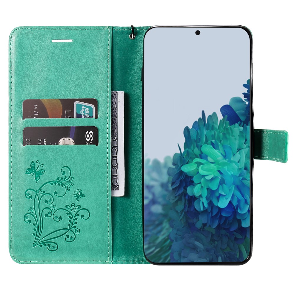 KT Impression de Fleurs Série-2 Modèle de Papillon Imprimé pu Cuir Case Portefeuille Sold Magnétique Couvrette Élégante Avec Sangle Pour Samsung Galaxy S22 5G - Vert-6