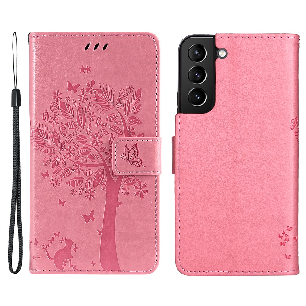 PU Leather Flip Folio Cat and Tree Pattern Imprinted Cover Stand Magnetic Closure Wallet Case with Strap for Samsung Galaxy S22 Plus - Pink-1