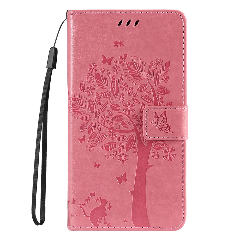 PU Leather Flip Folio Cat and Tree Pattern Imprinted Cover Stand Magnetic Closure Wallet Case with Strap for Samsung Galaxy S22 Plus - Pink-2