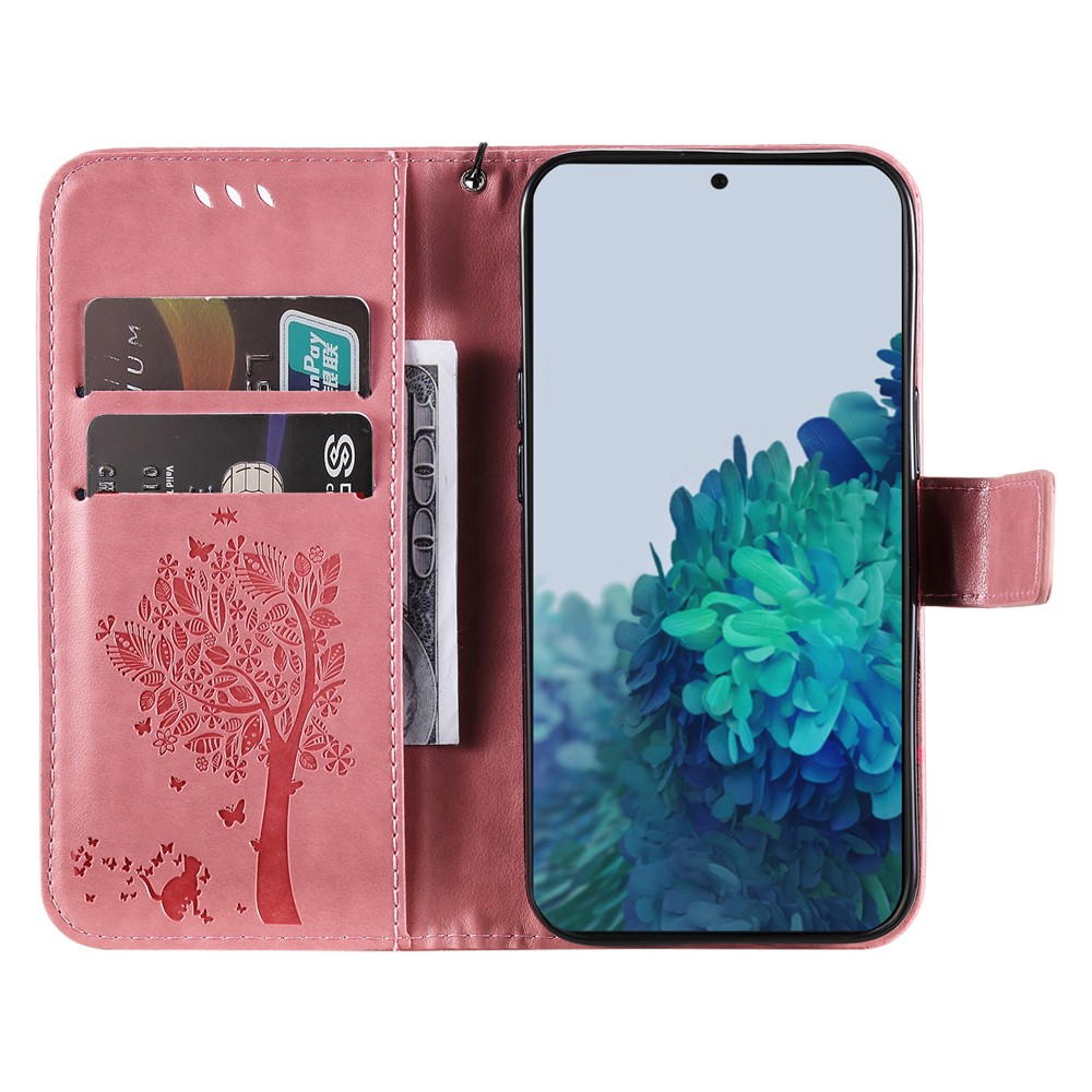PU Leather Flip Folio Cat and Tree Pattern Imprinted Cover Stand Magnetic Closure Wallet Case with Strap for Samsung Galaxy S22 Plus - Pink-6