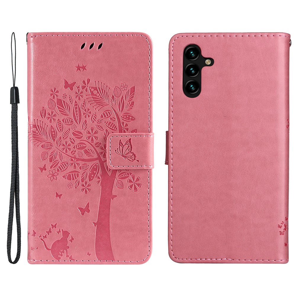 PU Leather Cat and Tree Pattern Imprinted Case Magnetic Folio Flip Stand Wallet Cover with Strap for Samsung Galaxy A13 5G - Pink-1