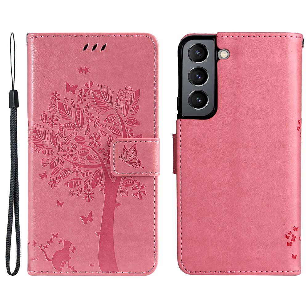 Cat and Tree Pattern Imprinted Folio Flip Wallet Case PU Leather Stand Phone Cover with Strap for Samsung Galaxy S22 - Pink-1