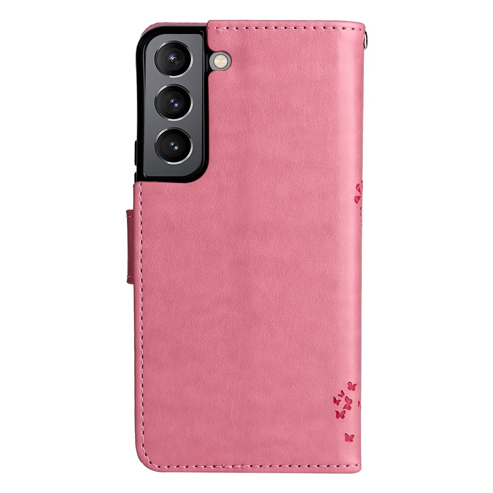 Cat and Tree Pattern Imprinted Folio Flip Wallet Case PU Leather Stand Phone Cover with Strap for Samsung Galaxy S22 - Pink-3