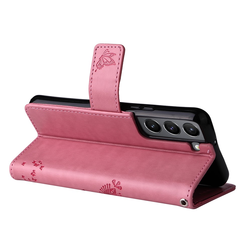 Cat and Tree Pattern Imprinted Folio Flip Wallet Case PU Leather Stand Phone Cover with Strap for Samsung Galaxy S22 - Pink-4
