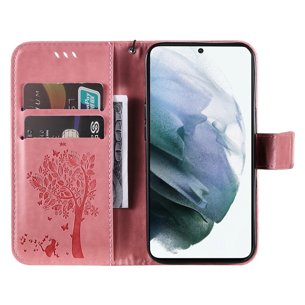 Cat and Tree Pattern Imprinted Folio Flip Wallet Case PU Leather Stand Phone Cover with Strap for Samsung Galaxy S22 - Pink-6