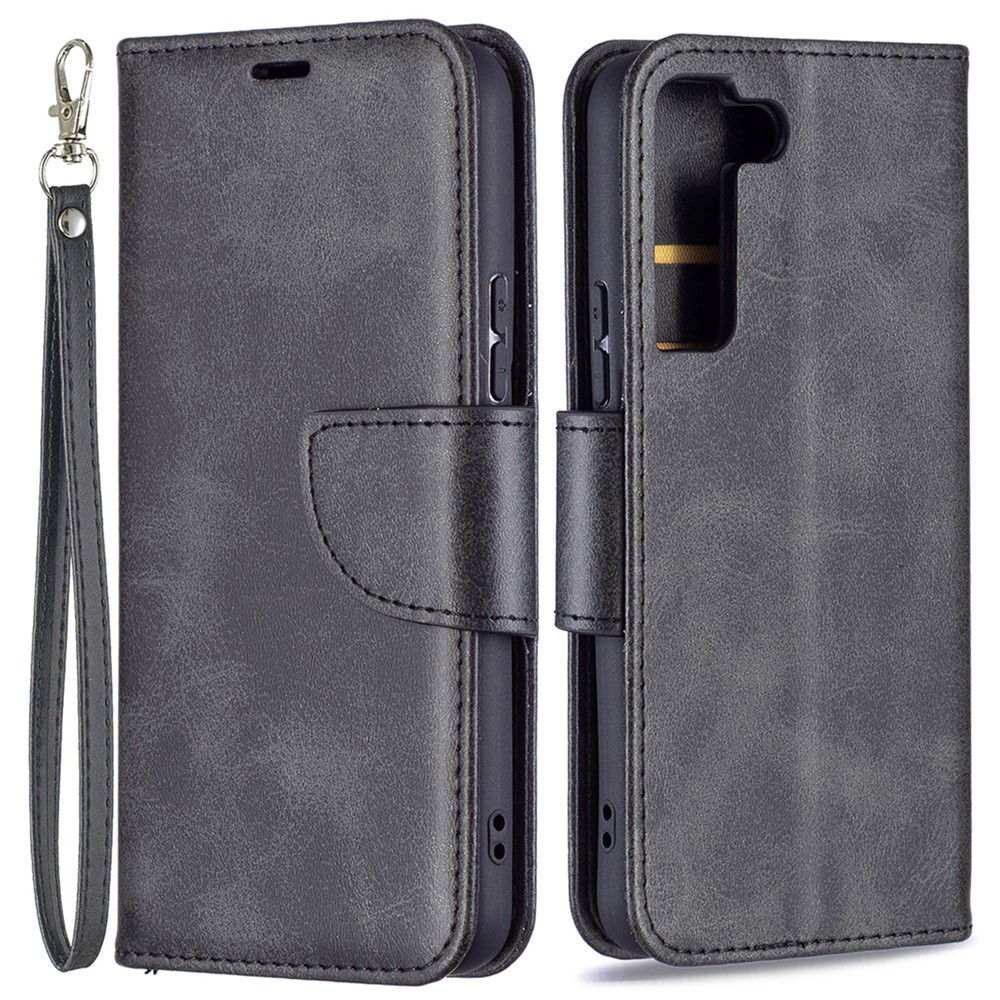 PU Leather Wallet Stand Anti-fall Smartphone Protection Case with Wrist Strap for Samsung Galaxy S22 - Black-1