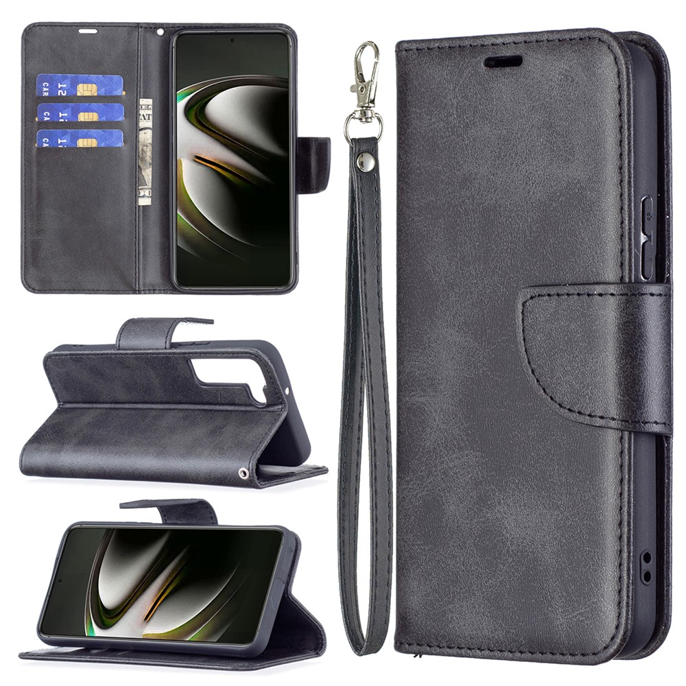PU Leather Wallet Stand Anti-fall Smartphone Protection Case with Wrist Strap for Samsung Galaxy S22 - Black-6