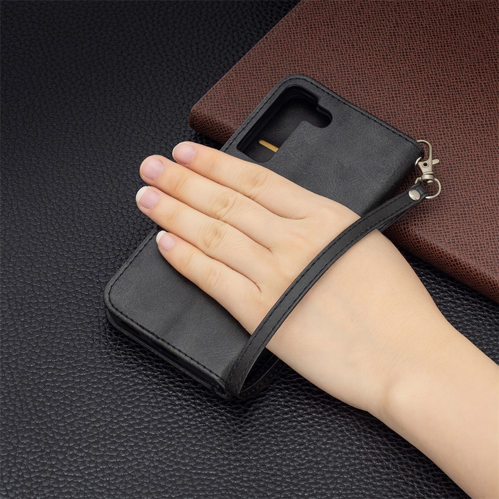 PU Leather Wallet Stand Anti-fall Smartphone Protection Case with Wrist Strap for Samsung Galaxy S22 - Black-9
