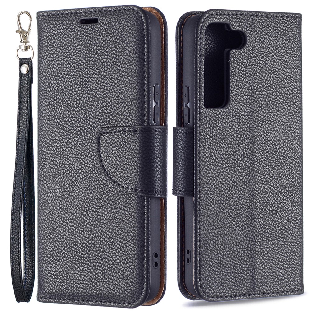 Litchi Texture PU Leather Wallet Stand Anti-drop Phone Protection Case with Handy Strap for Samsung Galaxy S22 - Black-1