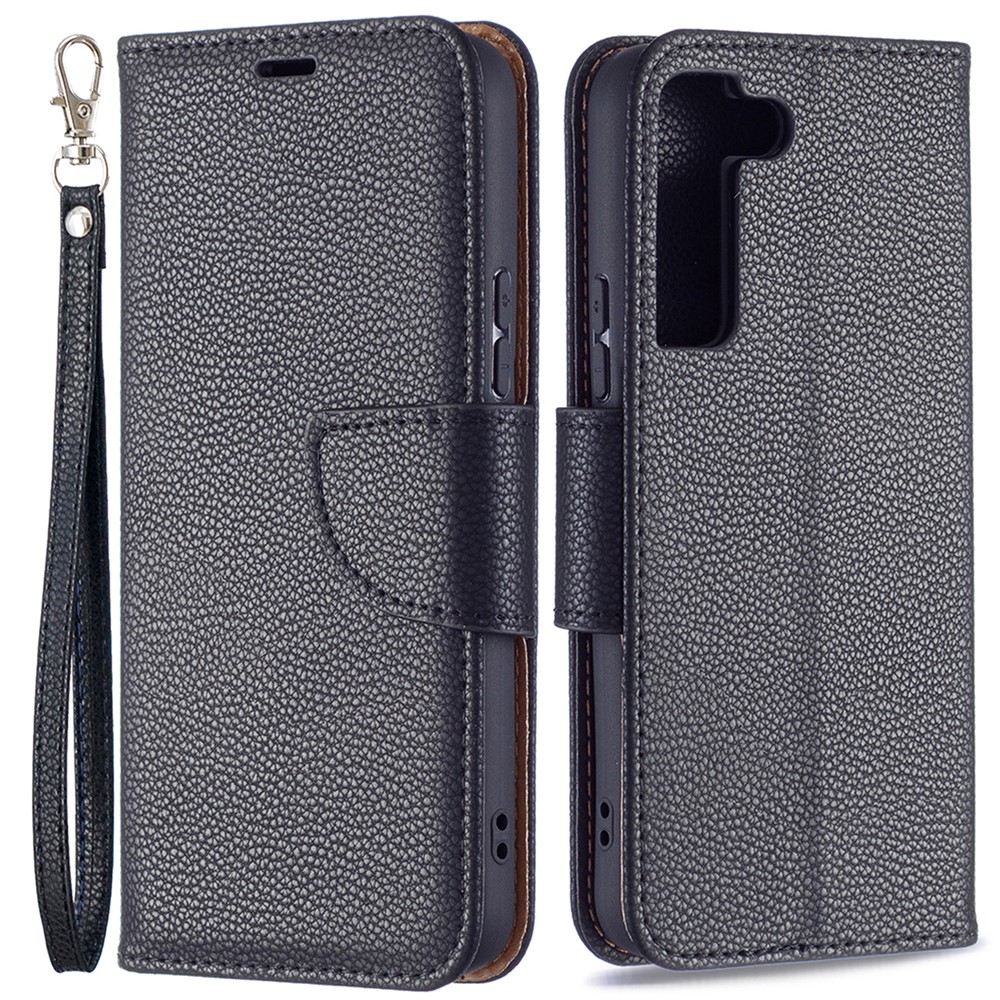 Litchi Texture PU Leather Willet Stand Anti-drop Protection Case Con Correa Práctica Para Samsung Galaxy S22 5G - Negro