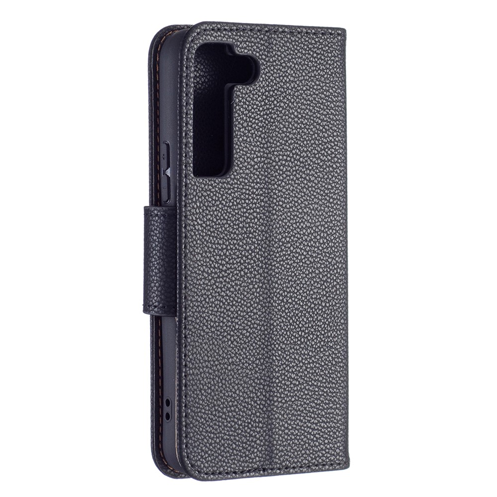 Litchi Texture PU Leather Wallet Stand Anti-drop Phone Protection Case with Handy Strap for Samsung Galaxy S22 - Black-5
