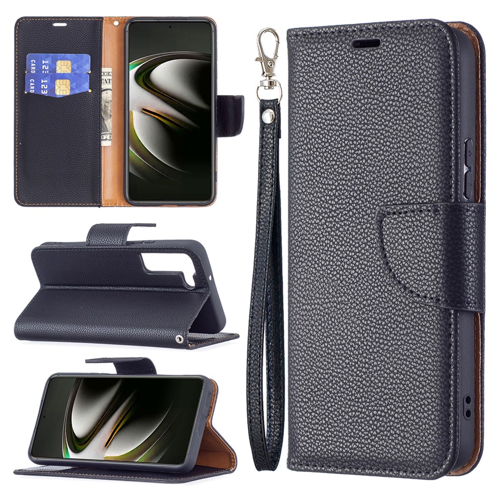 Litchi Textur PU Leder Brieftasche Anti-drogen-telefonschutzkoffer Mit Handlichem Riemen Für Samsung Galaxy S22 5g - Schwarz