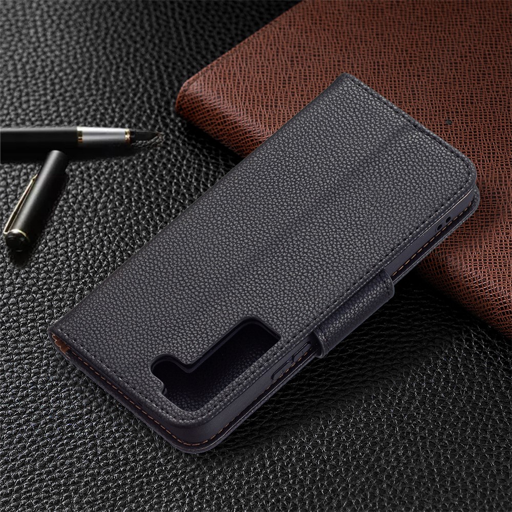 Litchi Texture PU Leather Wallet Stand Anti-drop Phone Protection Case with Handy Strap for Samsung Galaxy S22 - Black-8