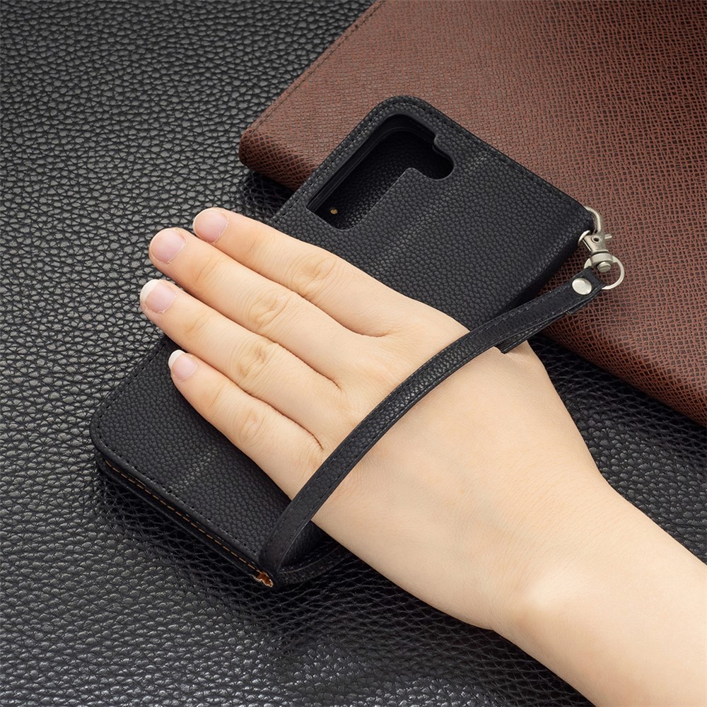 Litchi Texture PU Leather Wallet Stand Anti-drop Phone Protection Case with Handy Strap for Samsung Galaxy S22 - Black-9