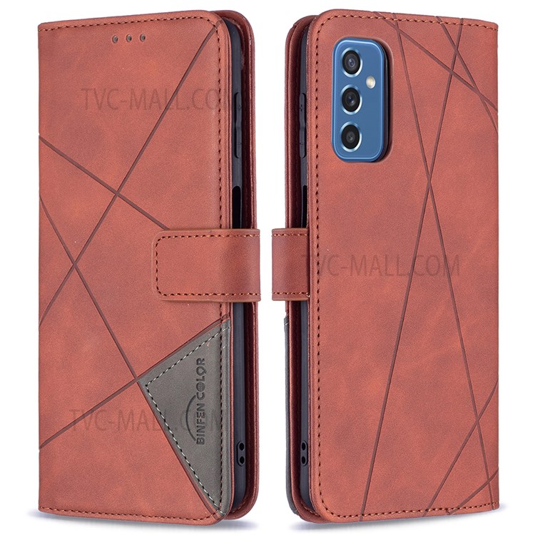 BINFEN COLOR BF05 Geometric Imprinted Flip PU Leather Case Wallet Well-protected Anti-fall Shell Cover with Stand for Samsung Galaxy M52 5G - Brown-1