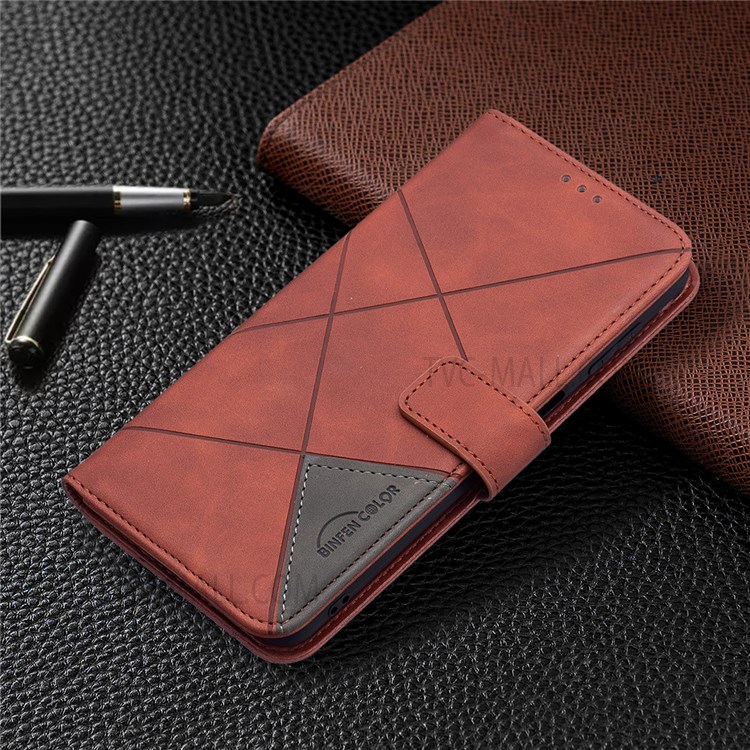 BINFEN COLOR BF05 Geometric Imprinted Flip PU Leather Case Wallet Well-protected Anti-fall Shell Cover with Stand for Samsung Galaxy M52 5G - Brown-6
