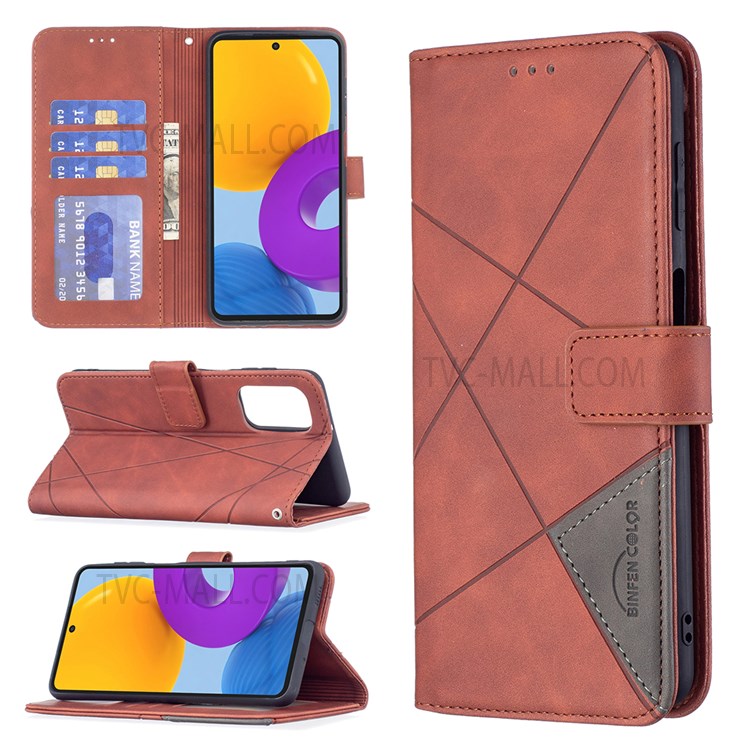 BINFEN COLOR BF05 Geometric Imprinted Flip PU Leather Case Wallet Well-protected Anti-fall Shell Cover with Stand for Samsung Galaxy M52 5G - Brown-8