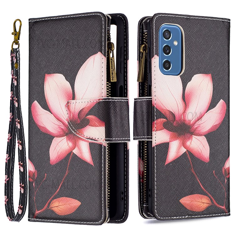BF03 Pattern Printing Zipper PU Leather Flip Cover Magnetic Folio Stand Wallet Case with Strap for Samsung Galaxy M52 5G - Flower-1