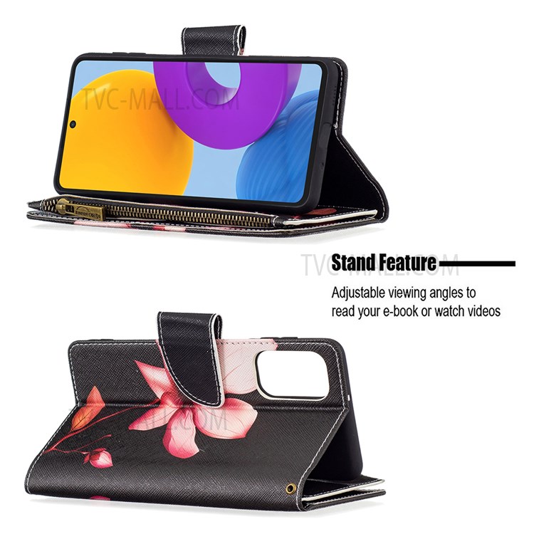 BF03 Pattern Printing Zipper PU Leather Flip Cover Magnetic Folio Stand Wallet Case with Strap for Samsung Galaxy M52 5G - Flower-2