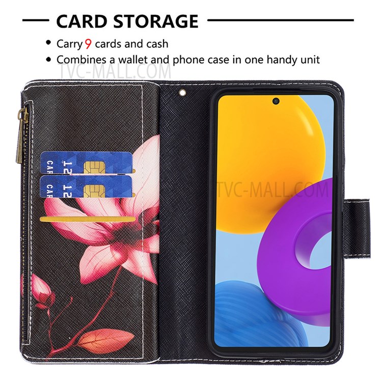 BF03 Pattern Printing Zipper PU Leather Flip Cover Magnetic Folio Stand Wallet Case with Strap for Samsung Galaxy M52 5G - Flower-3
