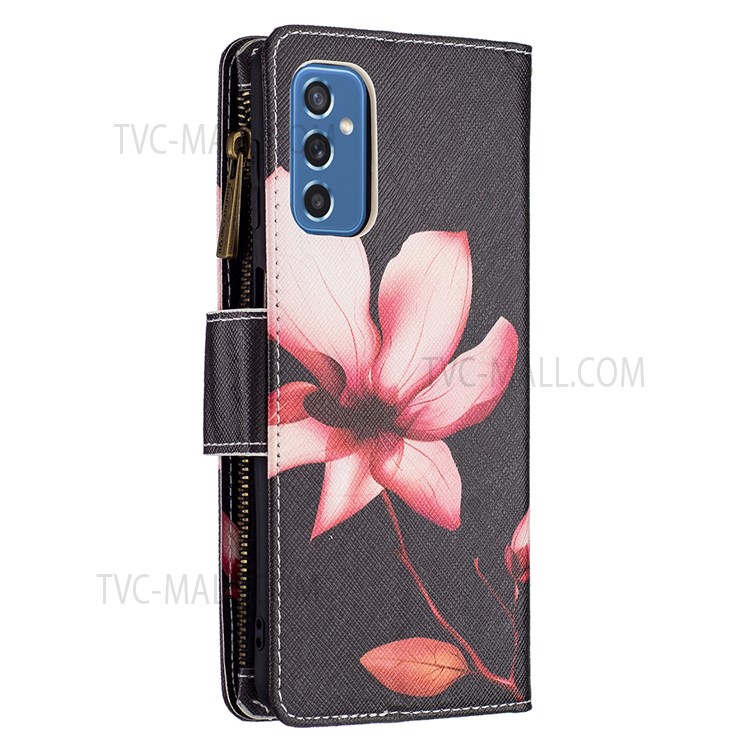 BF03 Pattern Printing Zipper PU Leather Flip Cover Magnetic Folio Stand Wallet Case with Strap for Samsung Galaxy M52 5G - Flower-6
