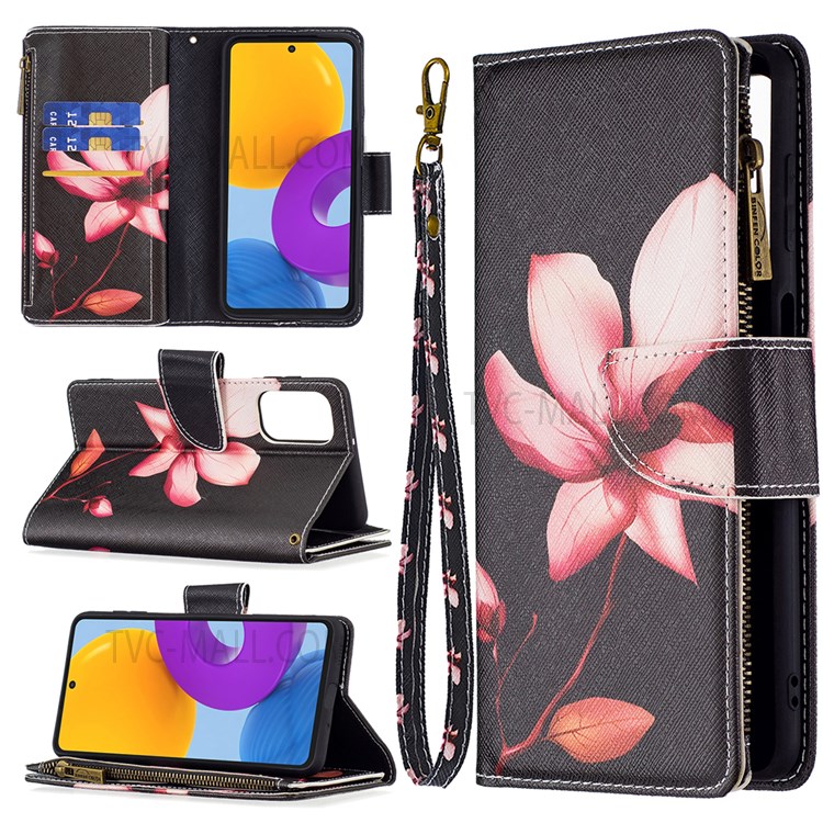 BF03 Pattern Printing Zipper PU Leather Flip Cover Magnetic Folio Stand Wallet Case with Strap for Samsung Galaxy M52 5G - Flower-7