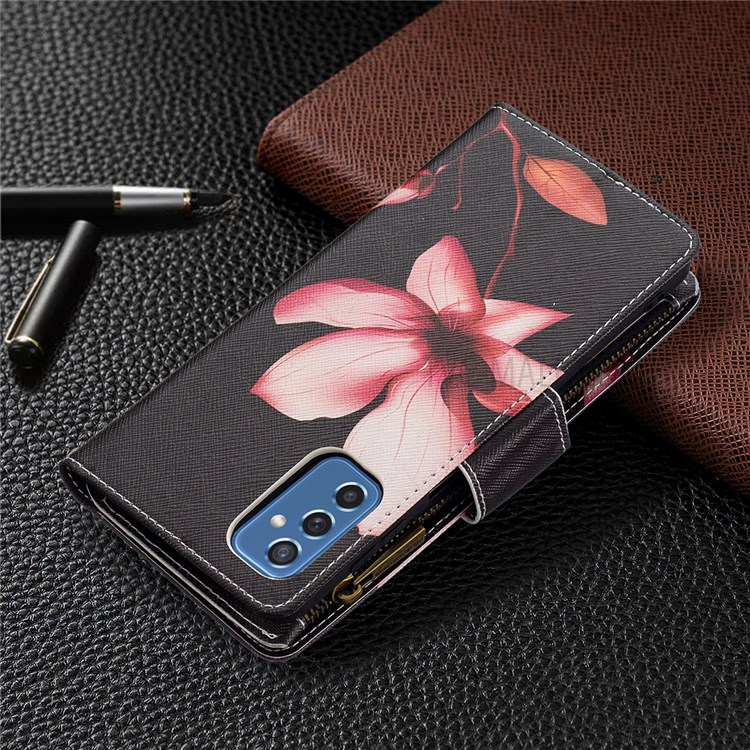 BF03 Pattern Printing Zipper PU Leather Flip Cover Magnetic Folio Stand Wallet Case with Strap for Samsung Galaxy M52 5G - Flower-9