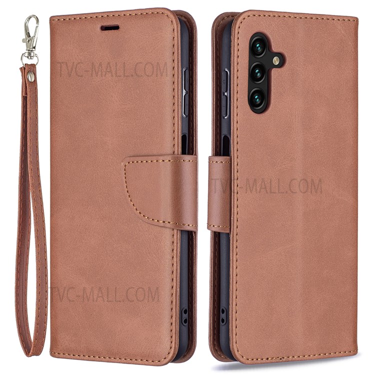 Handy Strap PU Leather Cover Wallet Stand Drop-proof Mobile Phone Case for Samsung Galaxy A13 5G - Brown-1
