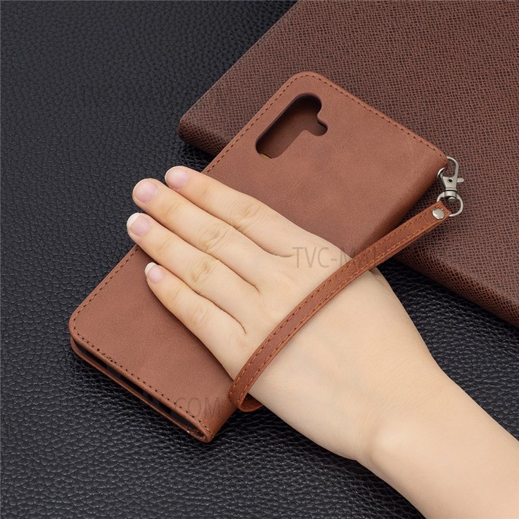 Handy Strap PU Leather Cover Wallet Stand Drop-proof Mobile Phone Case for Samsung Galaxy A13 5G - Brown-8