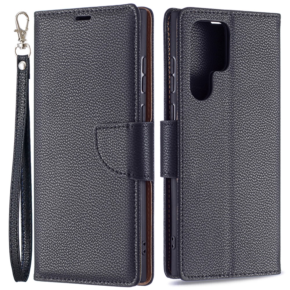 Litchi Texture Solid Color PU Leather Wallet Stand Case Protective Phone Shell with Wrist Strap for Samsung Galaxy S22 Ultra - Blue-1