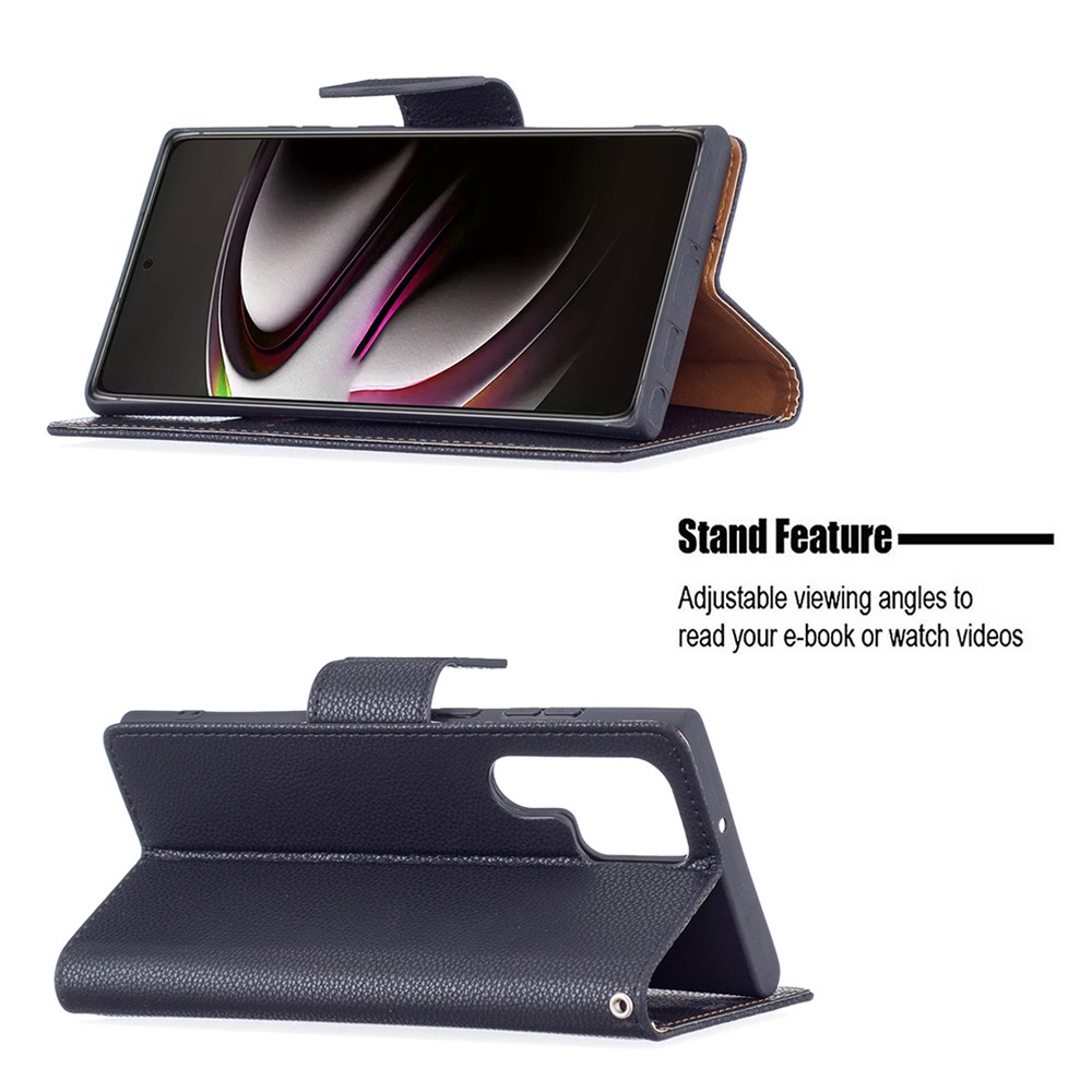 Litchi Texture Solid Color PU Leather Wallet Stand Case Protective Phone Shell with Wrist Strap for Samsung Galaxy S22 Ultra - Blue-2